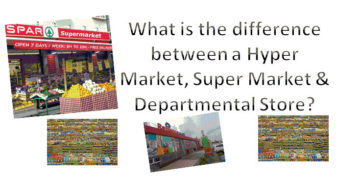 What is the difference between hypermarket, supermarket & departmental store ?